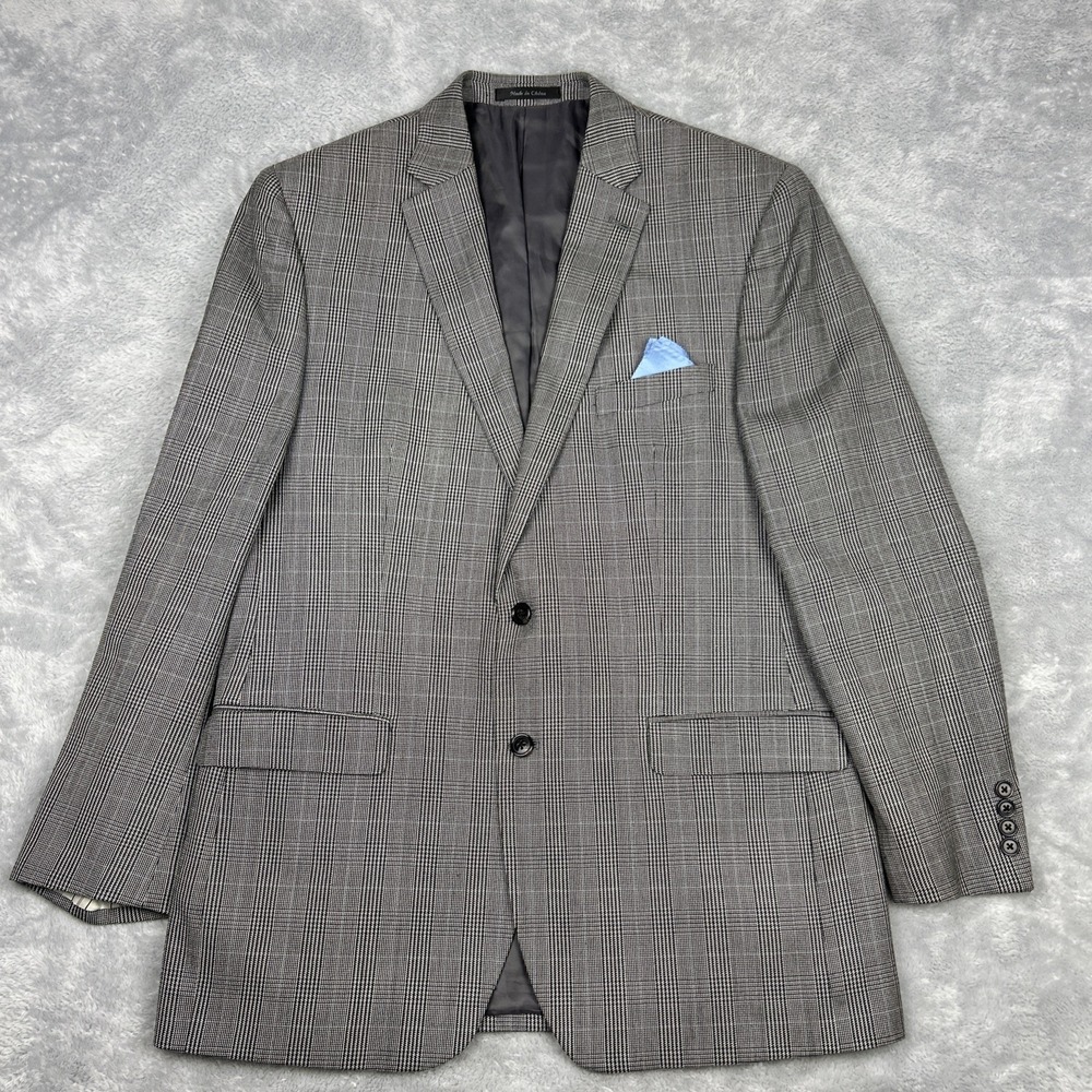 Lauren Ralph Lauren Sport Coat 44L Silk Wool Glen‎ Plaid Black Gray Classic